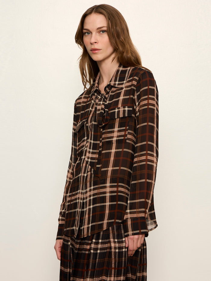 Meet In Paris Tie Neck Blouse Cinder Plaid