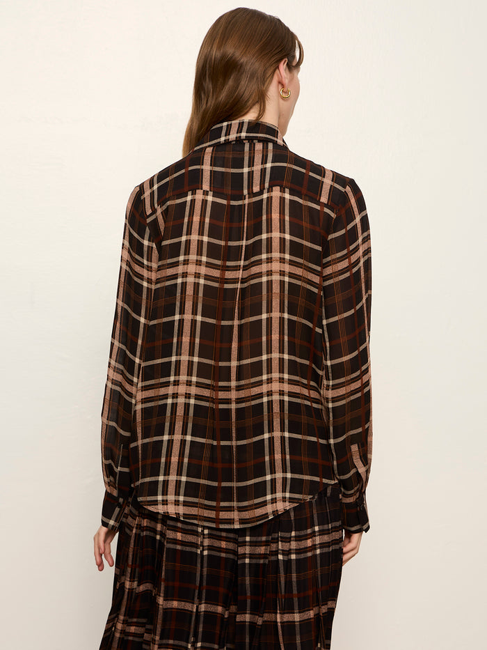 Meet In Paris Tie Neck Blouse Cinder Plaid