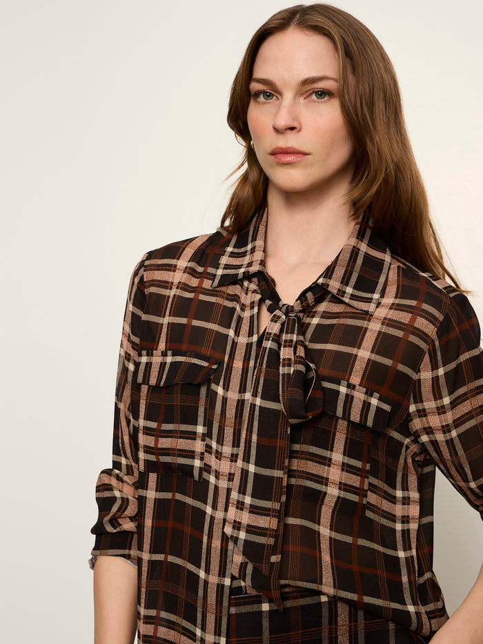 Meet In Paris Tie Neck Blouse Cinder Plaid