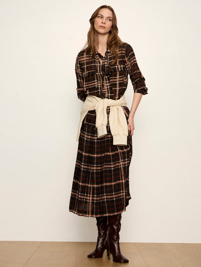 Meet In Paris Tie Neck Blouse Cinder Plaid