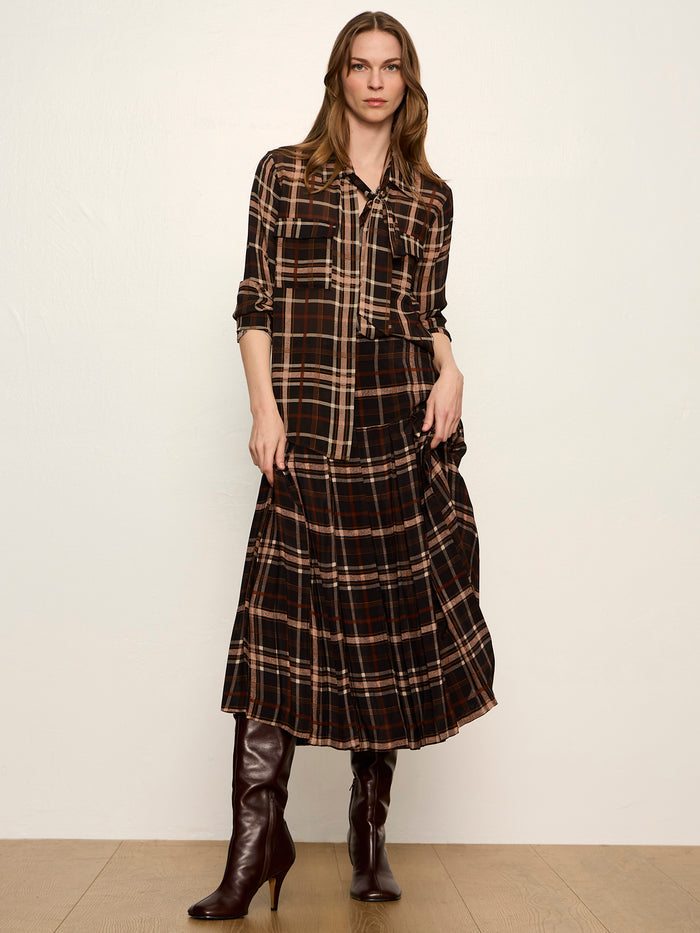 Meet In Paris Tie Neck Blouse Cinder Plaid