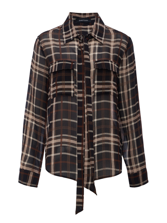 Meet In Paris Tie Neck Blouse Cinder Plaid