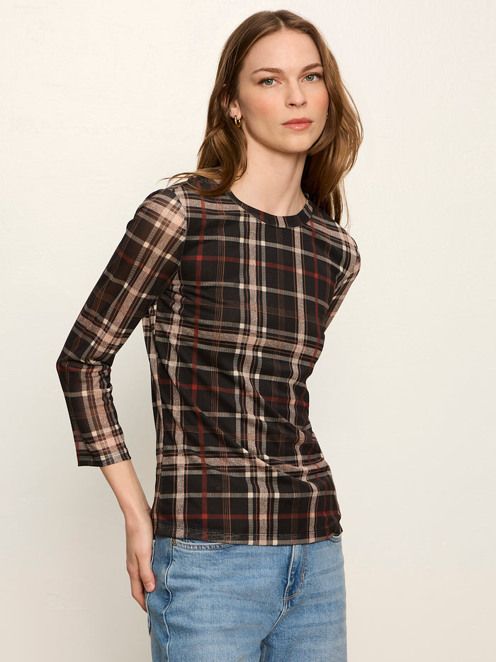 Mesh 3/4 Sleeve Top Cinder Plaid