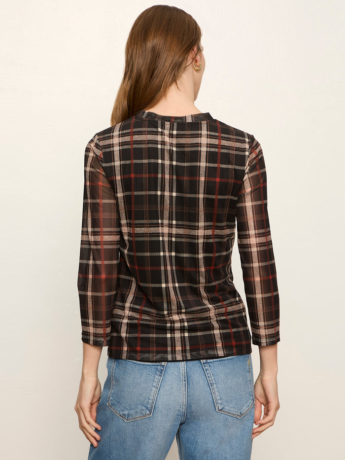 Mesh 3/4 Sleeve Top Cinder Plaid
