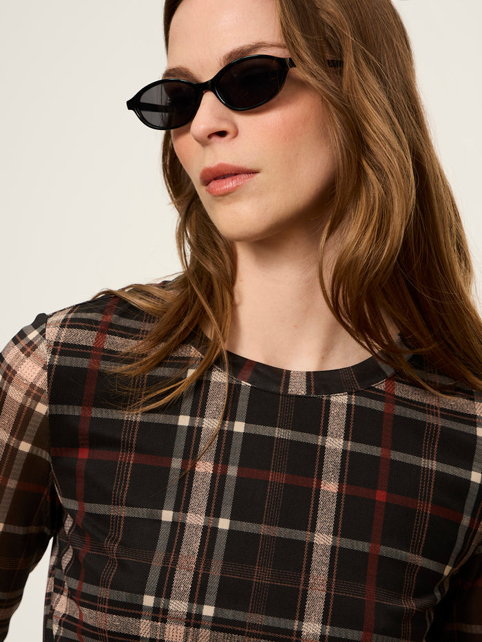 Mesh 3/4 Sleeve Top Cinder Plaid