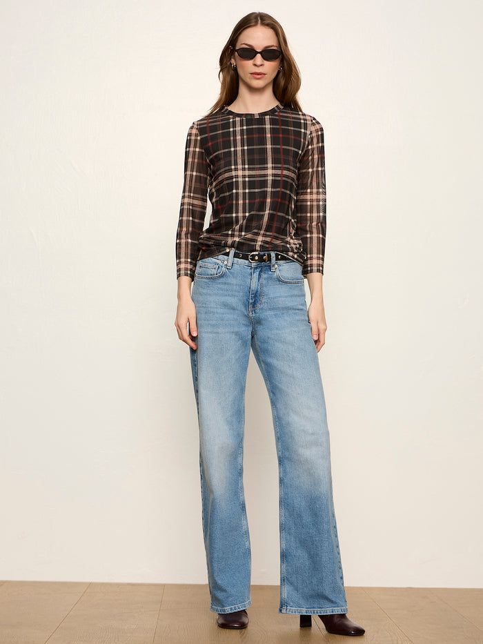 Mesh 3/4 Sleeve Top Cinder Plaid