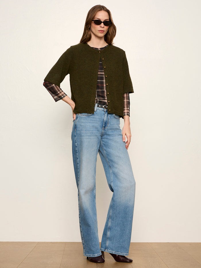 Mesh 3/4 Sleeve Top Cinder Plaid