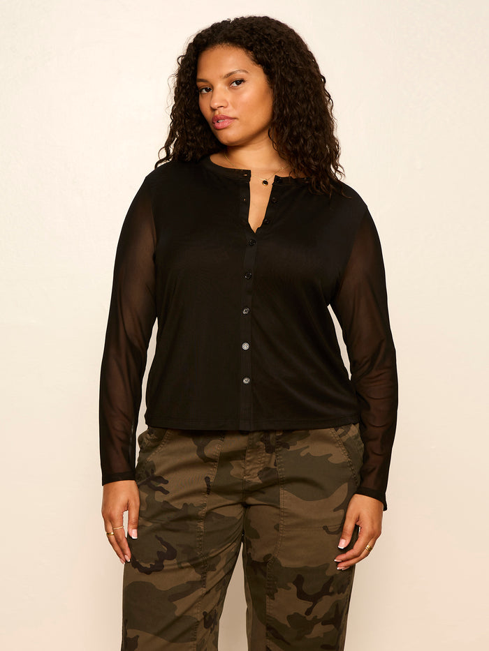 Mesh Long Sleeve Cardigan Black Extended Sizing