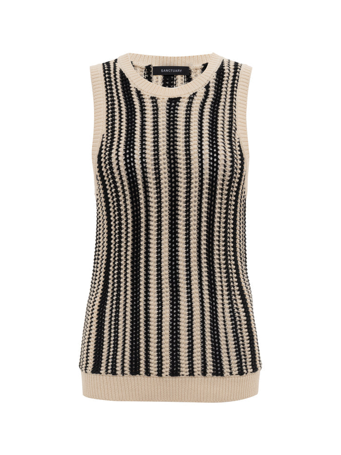 The Sanctuary Clothing natural state halter tank cabana stripe features a beige knit design with vertical black and white stripes, a round neckline, and a ribbed hem.