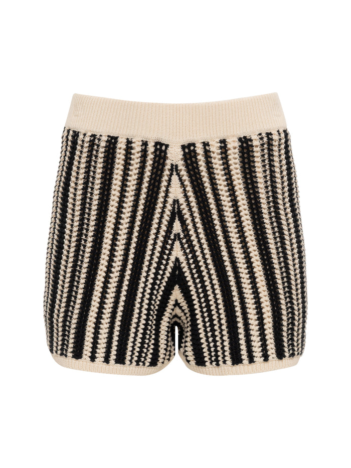 The natural state openwork short cabana stripe by Sanctuary Clothing features a cream base with black and cream vertical and chevron stripes, plus a wide ribbed waistband.