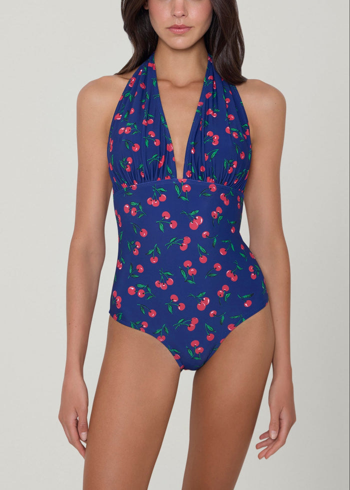 Navy Cherries Halter One Piece