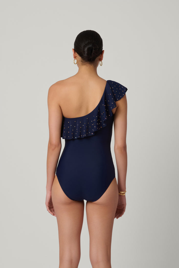 Navy One Shoulder Ruffle One Piece