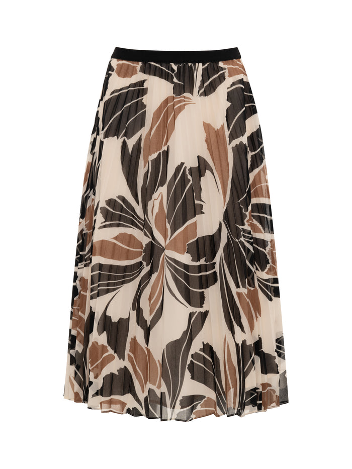 The nostalgia pleated midi skirt lotus by Sanctuary Clothing is a knee-length skirt with a black waistband, showcasing a bold brown, black, and beige floral print on a cream background.