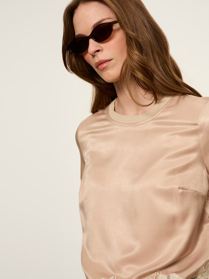 One Of A Kind Satin Lace Top Hazelnut