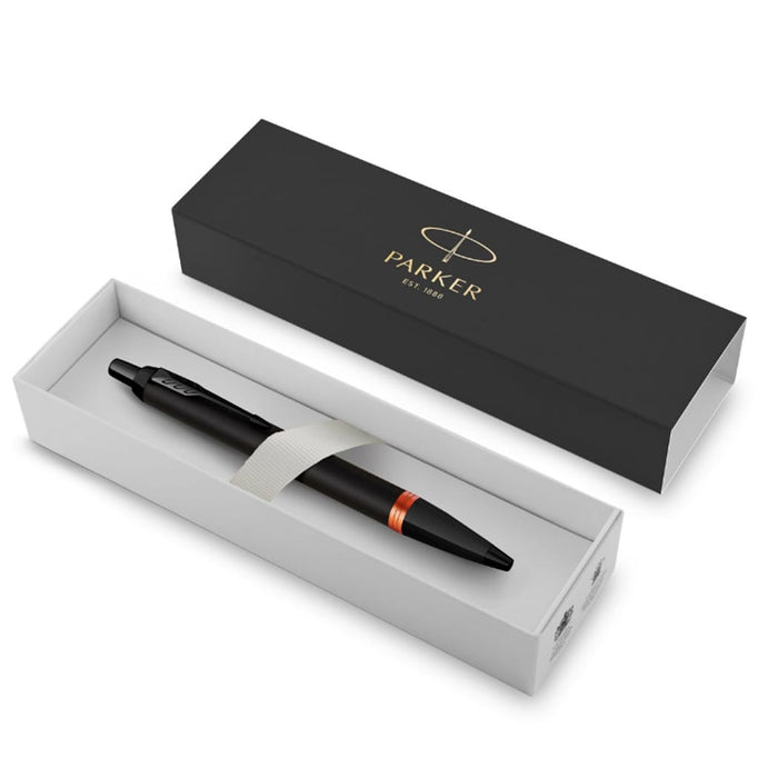 Parker IM Ballpoint Pen - Satin Black - Flame Orange Ring - Pen Boutique Ltd