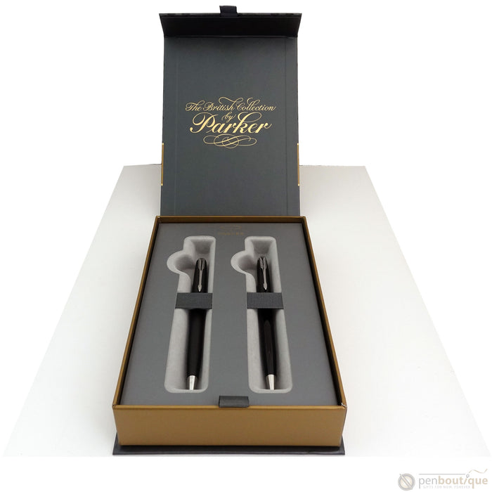 Parker Sonnet Black Lacquer & Matte Black Ballpoint Duo Gift Set - Chrome Trim - Pen Boutique Ltd