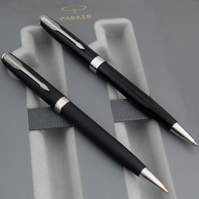 Parker Sonnet Black Lacquer & Matte Black Ballpoint Duo Gift Set - Chrome Trim - Pen Boutique Ltd