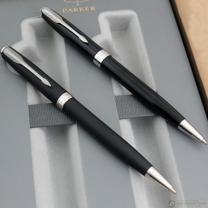 Parker Sonnet Black Lacquer & Matte Black Ballpoint Duo Gift Set - Chrome Trim - Pen Boutique Ltd