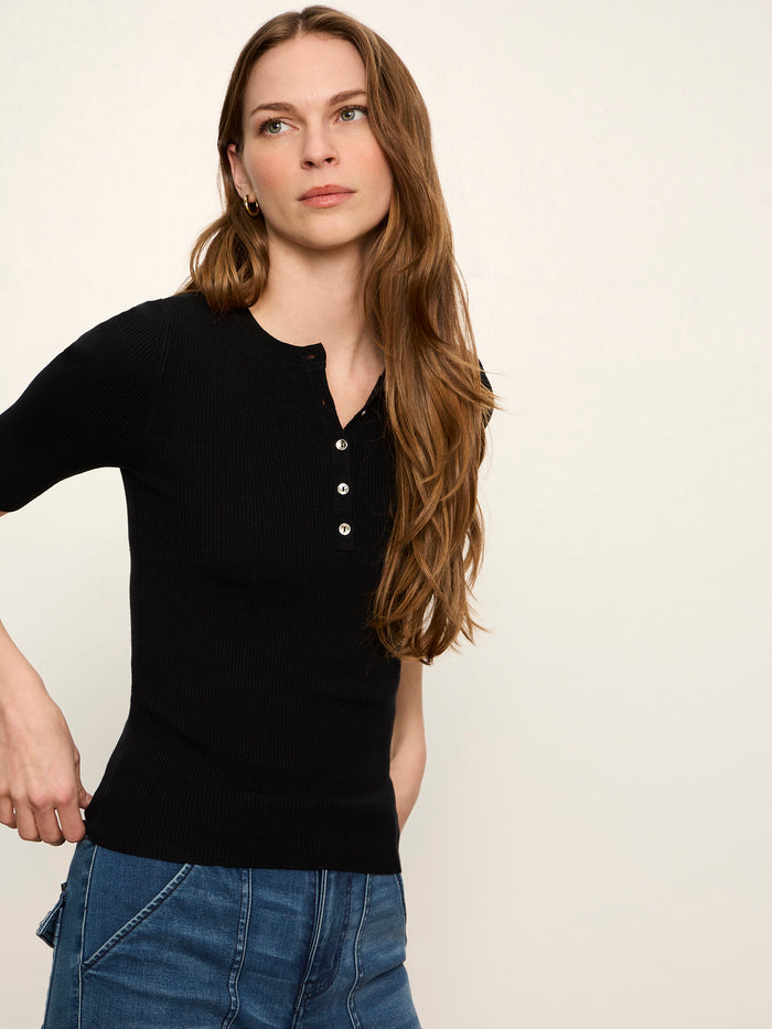 Ribbed Henley Tee Black