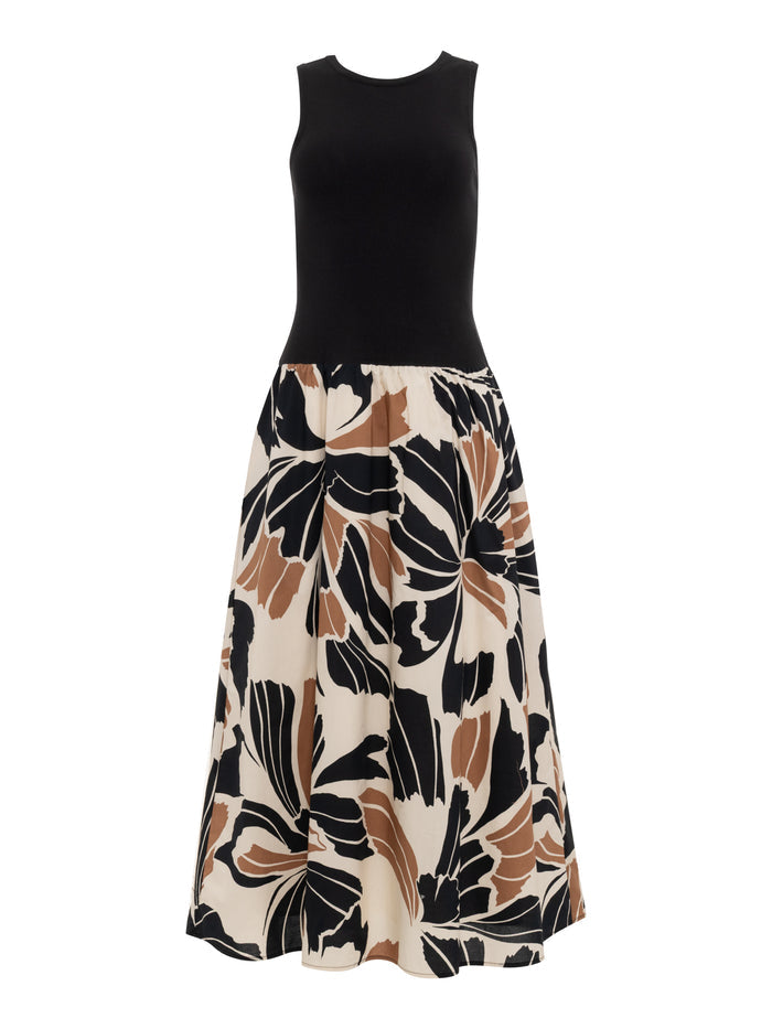 The Sanctuary Clothing Sandbar Mix Media Midi Dress Lotus features an extended sizing, fitted solid black sleeveless bodice, and a flared skirt with a bold black, brown, and beige abstract floral pattern on white.