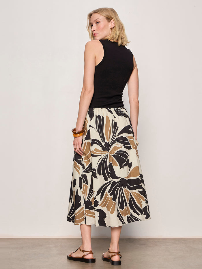 A woman stands facing away, wearing the Sanctuary Clothing Sandbar Mix Media Midi Dress in Lotus with black—a sleeveless, high-waisted dress featuring a bold, abstract floral print. She pairs it with sandals and chunky bracelets on one wrist.