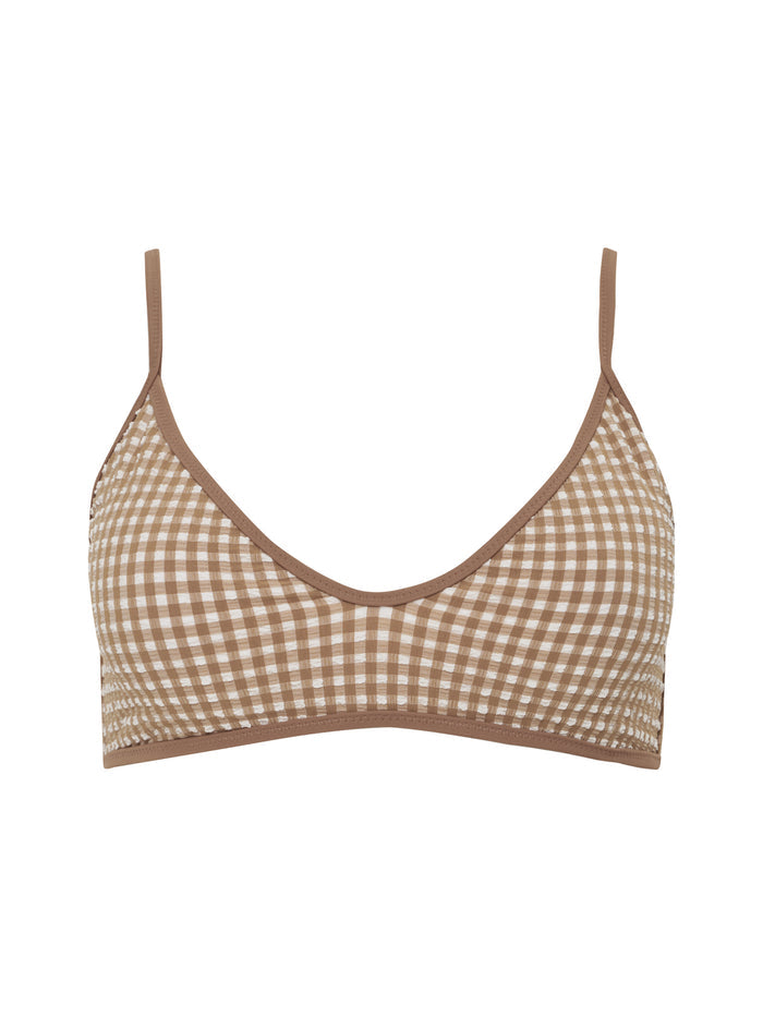 Sanctuary Clothing scoop front bra bikini top in toasted coconut features a brown and white gingham pattern, thin straps, and a scoop neckline, shown on a white background.