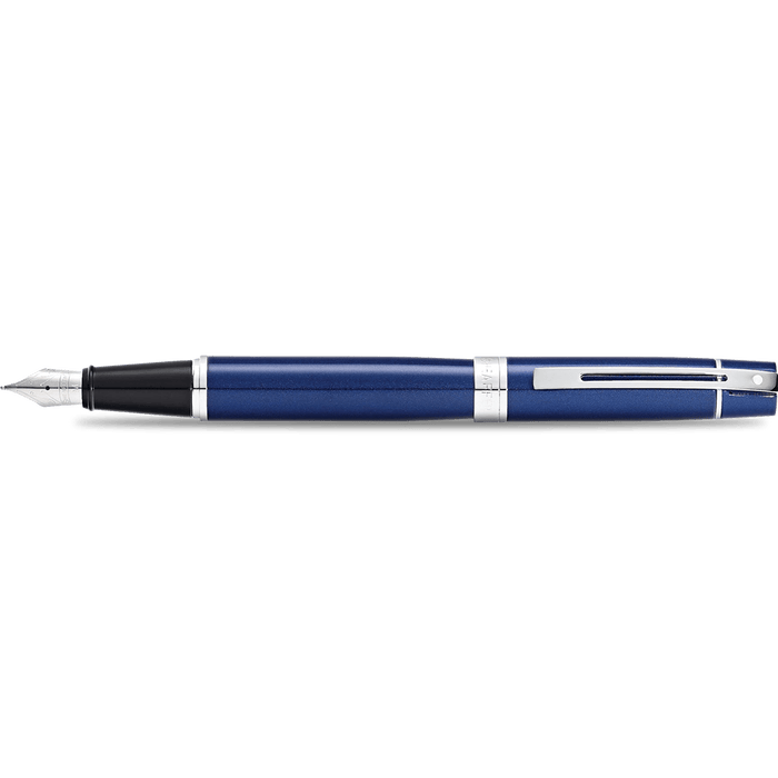 Sheaffer 300 Fountain Pen - Chrome Trim - Glossy Blue Lacquer - Stainless Steel - Pen Boutique Ltd