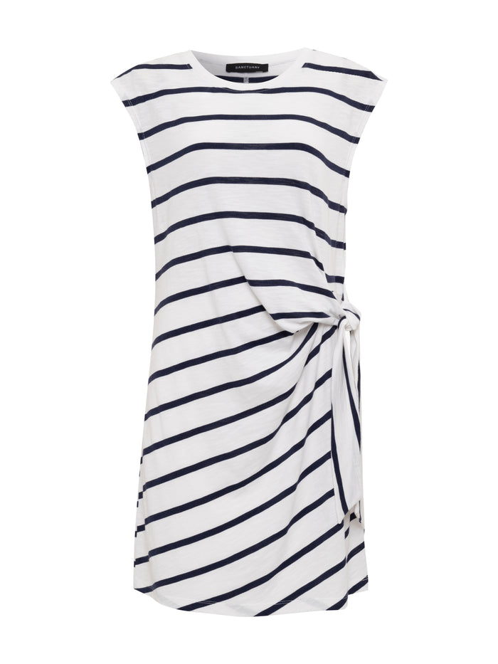 Sanctuary Clothing’s Side Tie T Shirt Dress features white and navy stripes, a sleeveless design, and a gathered side knot detail.