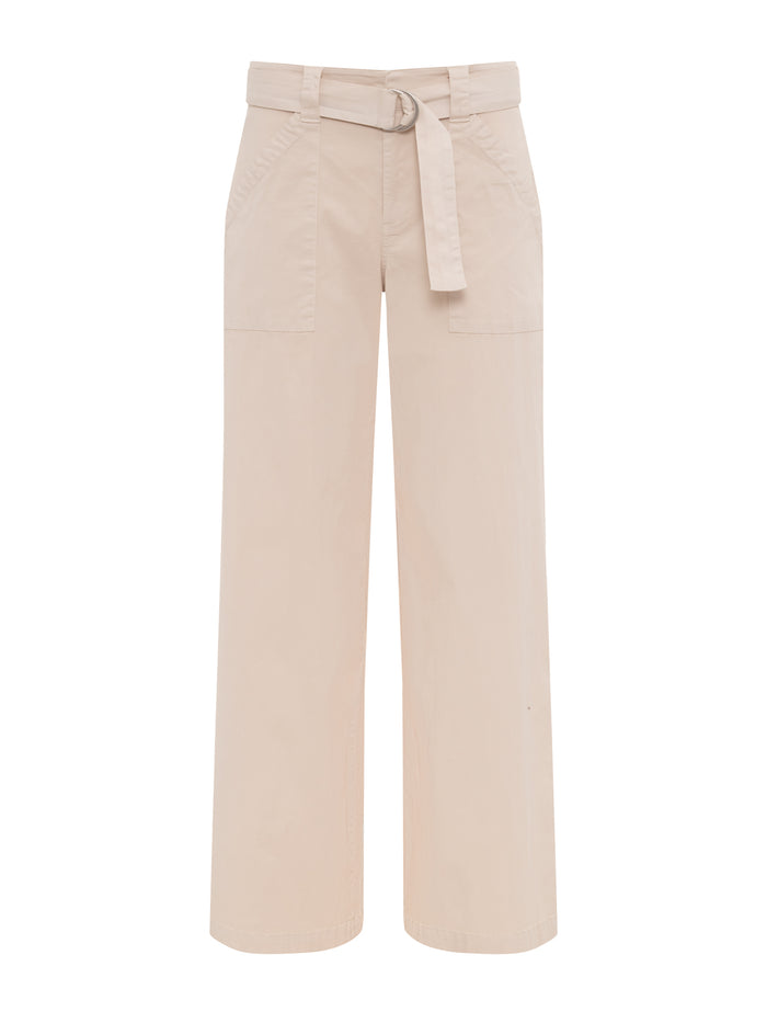 The Sanctuary Clothing soft polished wide leg summer sand pants feature a light beige hue, high waist, front patch pockets, belted waist, and a metal buckle detail.
