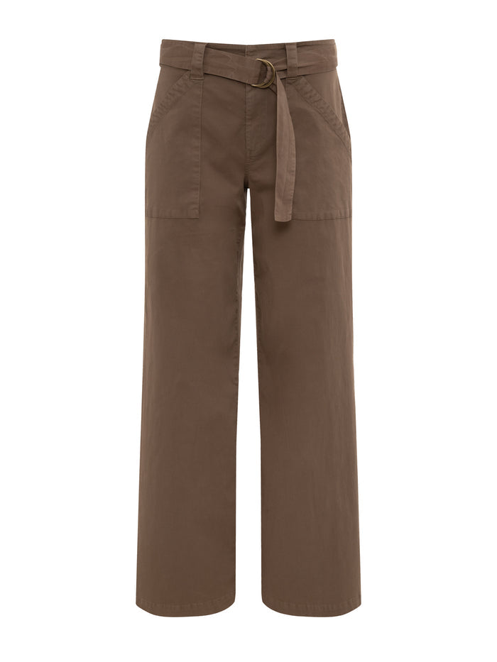 The Sanctuary Clothing soft polished wide leg timber pants feature a high waist, front patch pockets, fabric belt with D-ring buckle, and a relaxed, utilitarian fit in brown. Shown against a white background for a casual style look.
