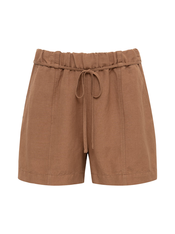 The Sanctuary Clothing springtide short in toasted coconut features a high-waist fit, elastic waistband with drawstring tie, and two side pockets, shown against a plain white background.