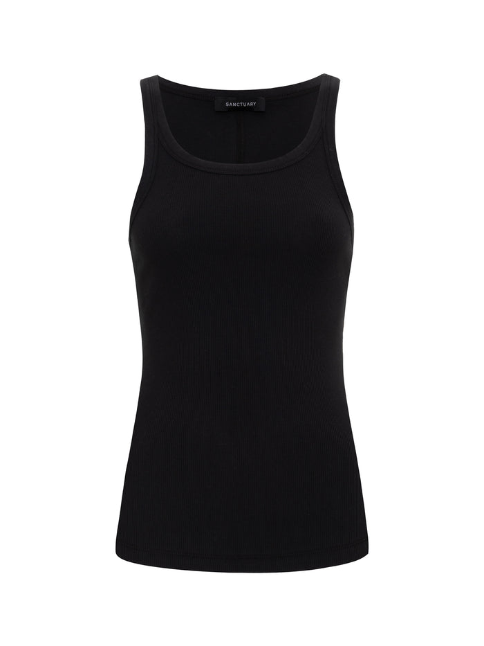 The sprinter rib tank black by Sanctuary Clothing is a sleeveless, fitted ribbed tank top with a round neckline, shown against a plain white background.
