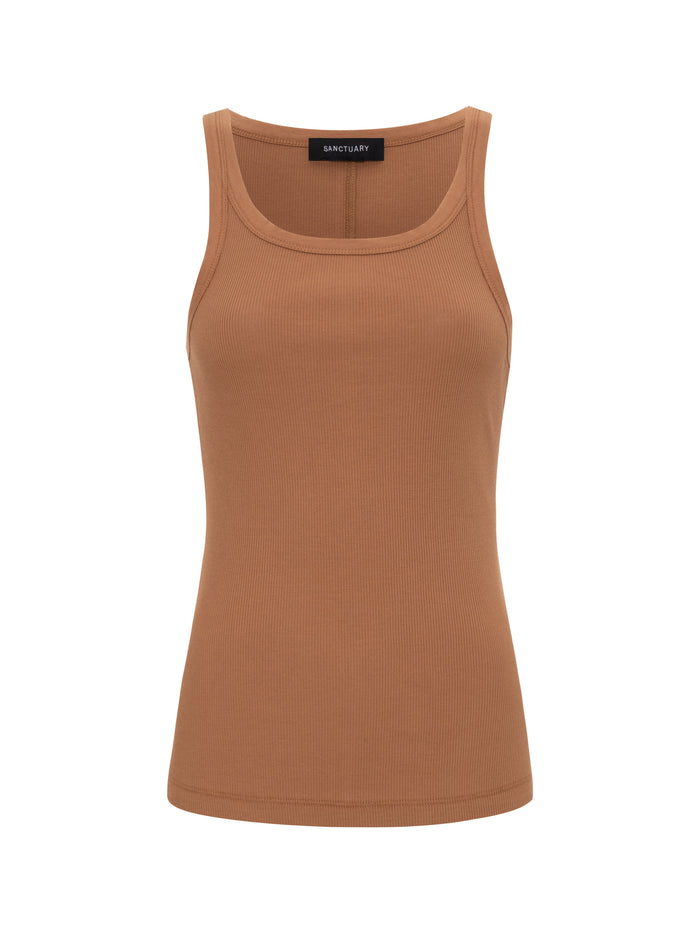 The Sanctuary Clothing sprinter rib tank in toasted coconut is a sleeveless, round-neck top with a ribbed texture, shown on a plain white background. The collar label displays "Sanctuary".