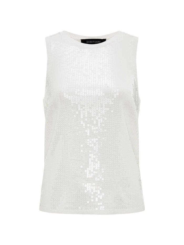 A sleeveless white "Summer Shine Sequin Shell" by Sanctuary Clothing, featuring allover sequins, a round neckline, and a relaxed straight fit.