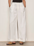 Person wearing white wide-leg pants on a plain background