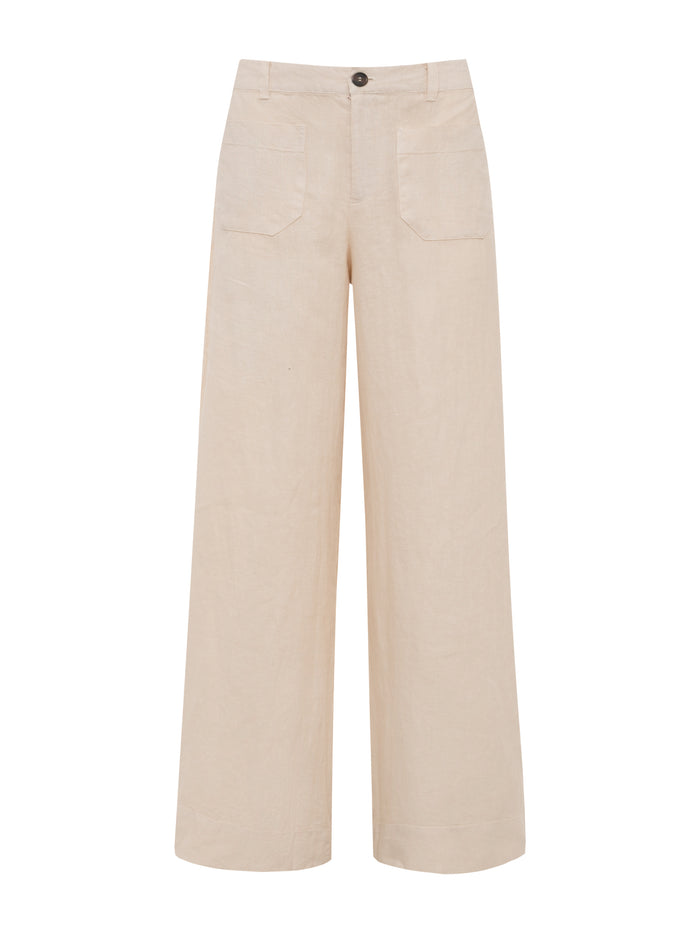 The linen marine wide leg pant summer sand by Sanctuary Clothing features a high waist, front patch pockets, button and zip closure, relaxed fit, and minimalist style in beige linen.