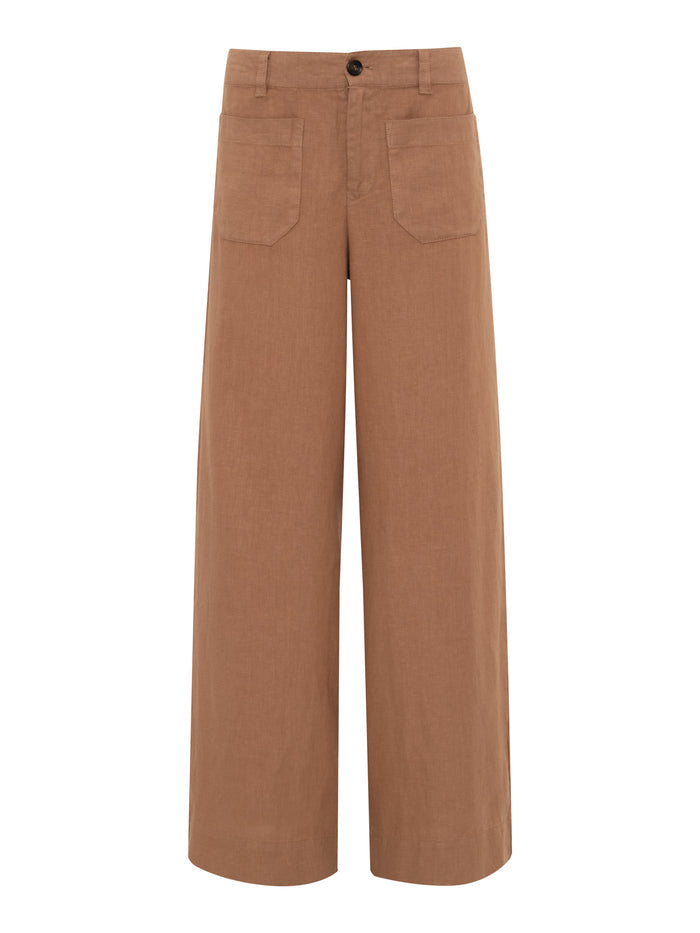 The linen marine wide leg toasted coconut pants by Sanctuary Clothing feature a high-waisted, wide-leg design with front patch pockets, button closure, and zip fly in lightweight fabric for casual or semi-formal wear.