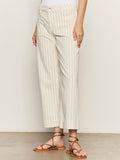 A person is wearing Sanctuary Clothing’s marine jean crop in bleached white pinstripe (petite sizing) with tan strappy flat sandals. The photo shows them from waist to feet.