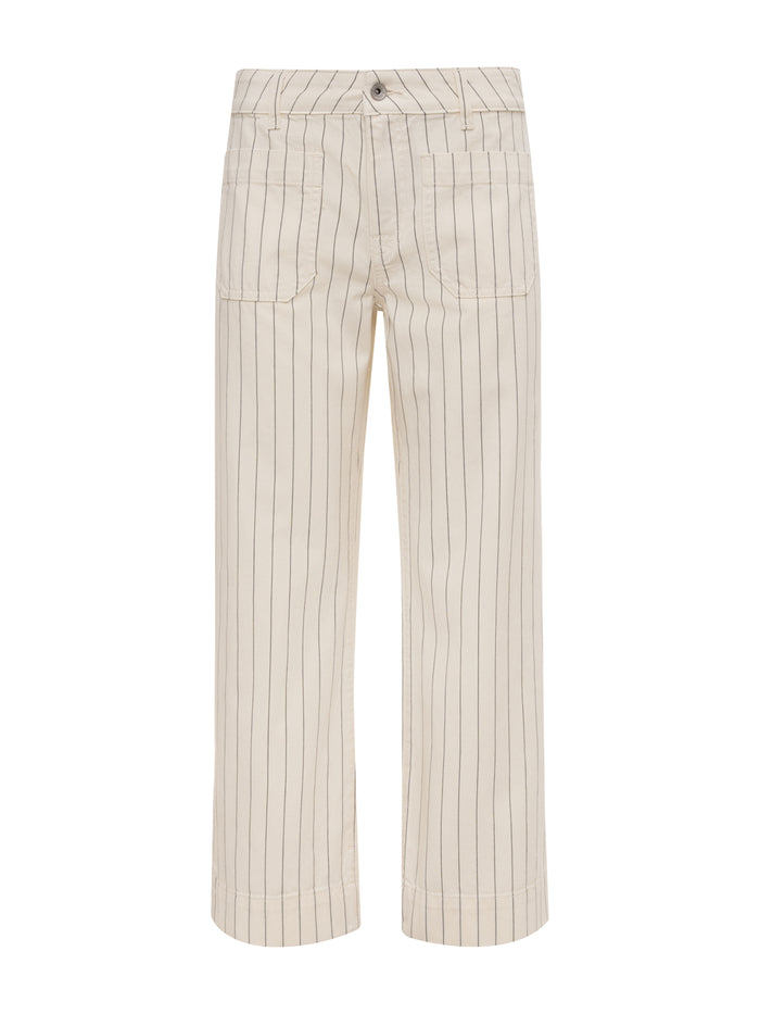 The marine jean crop bleached white pinstripe petite by Sanctuary Clothing features cropped wide legs, vertical pinstripes, front patch pockets, belt loops, and a button closure. Displayed against a white background.