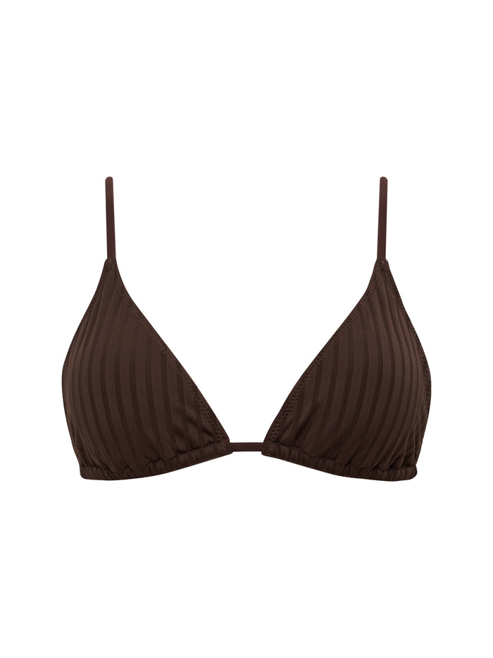 The Sanctuary Clothing tunnel triangle bikini top in espresso features thin adjustable straps and subtle vertical stripes, shown against a white background.