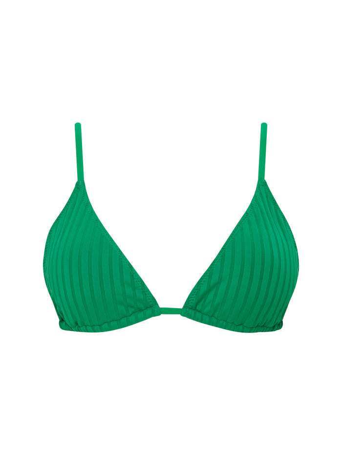The Sanctuary Clothing tunnel triangle bikini top in green features thin shoulder straps, a ribbed texture, and a classic triangle shape.