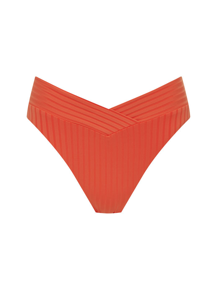 Sanctuary Clothing's V Waist High Leg Bikini Bottom in hibiscus features a ribbed, textured diagonal stripe pattern and a flattering V-shaped waistband, shown against a plain white background.