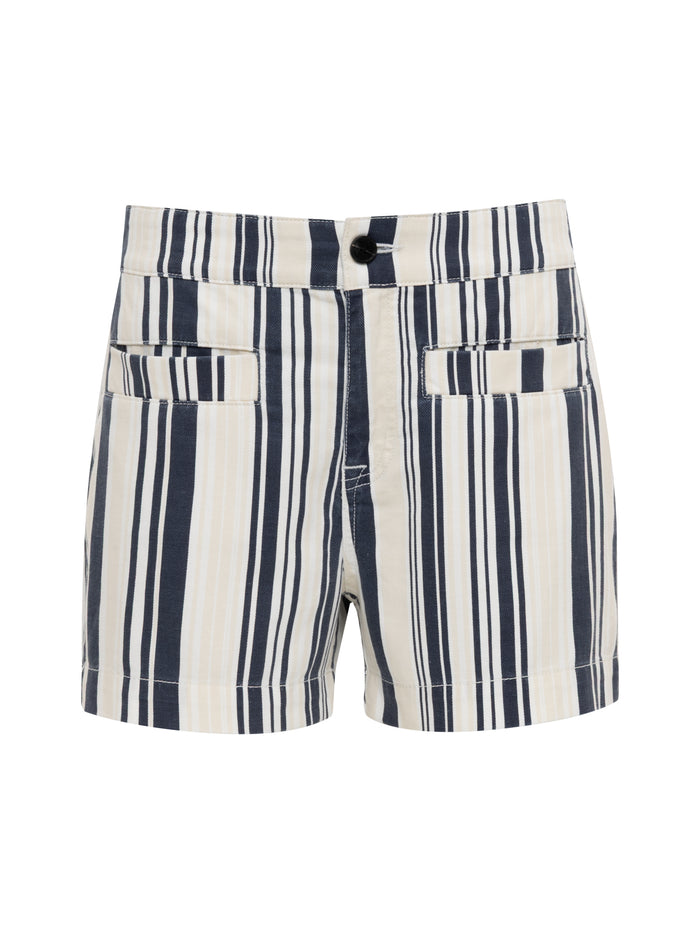 The Sanctuary Clothing voyage short sail stripe features high-waisted design with vertical navy, beige, and white stripes, front button and zip closure, and two front slit pockets.