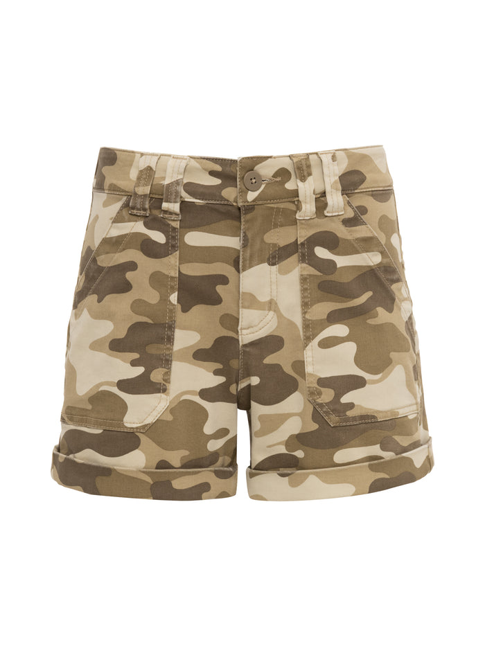 The Sanctuary Clothing wander on short canyon camo features a brown and beige camouflage pattern, front pockets, belt loops, and a rolled-up hem.
